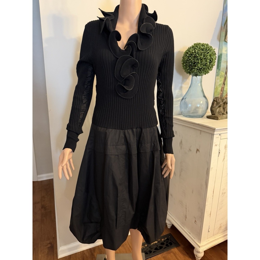 Unbranded Black Ruffle Ribbed Long-Sleeve Dress Stretch Top Goth Witchcore